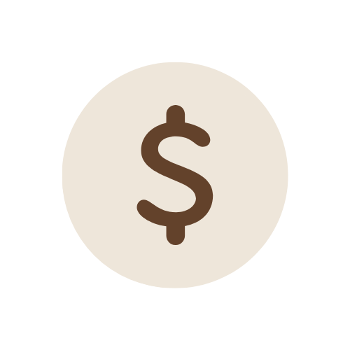 Ícono circular beige con un símbolo de peso o dólar en color marrón en el centro.